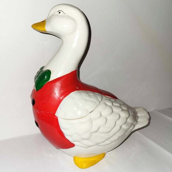 VINTAGE 12" DUCK IN RED TUXEDO COOKIE JAR GREEN BOW TIE HAND PAINTED - Picture 5 of 12